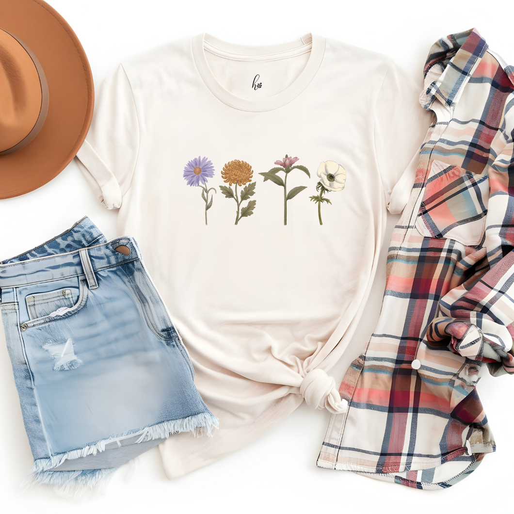 T-Shirt - 4 fleurs - Couleurs classiques